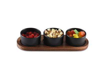 Black Ceramic Condiment Set on Acacia Wood Base