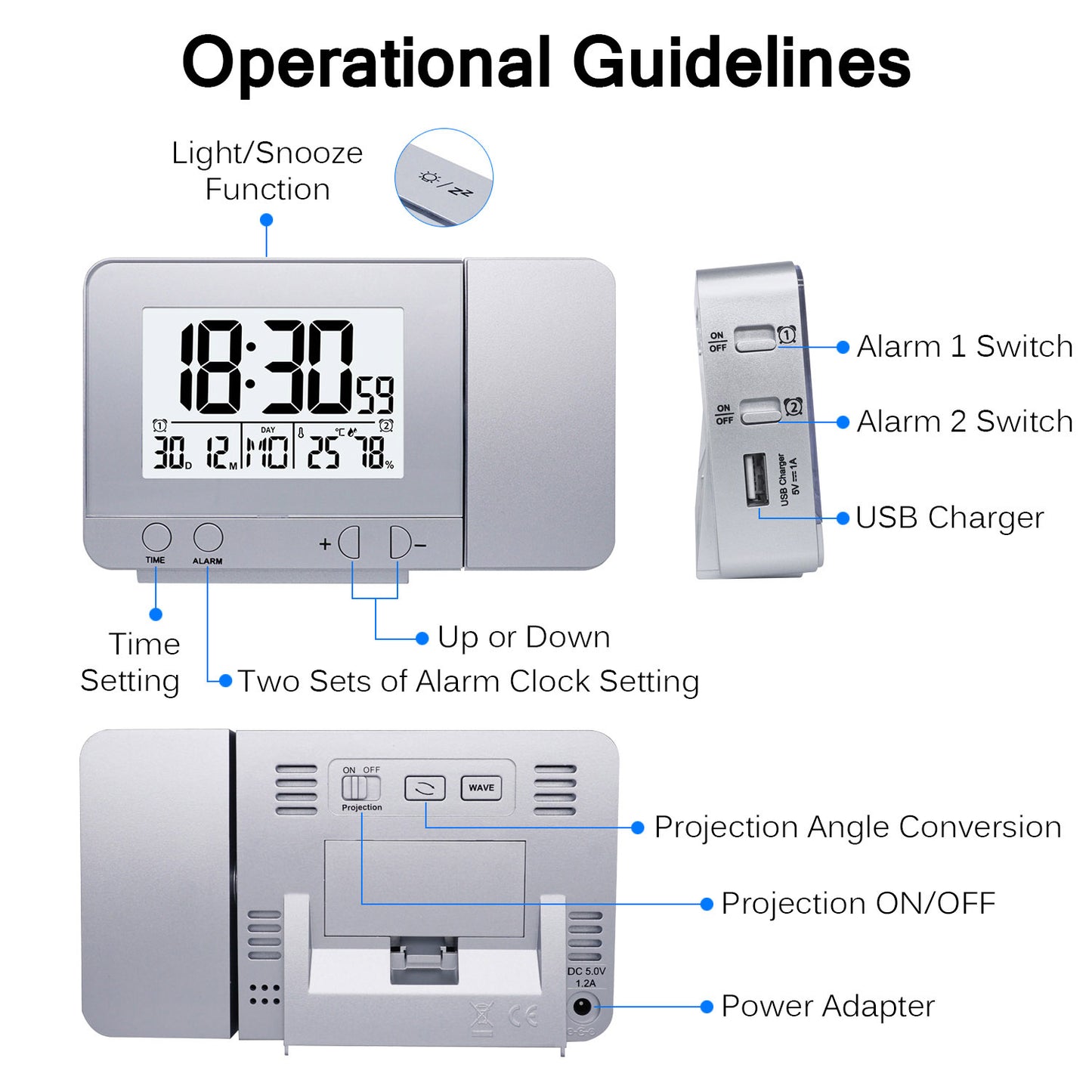 LED Display  Projector Clock with Backlight Rotate